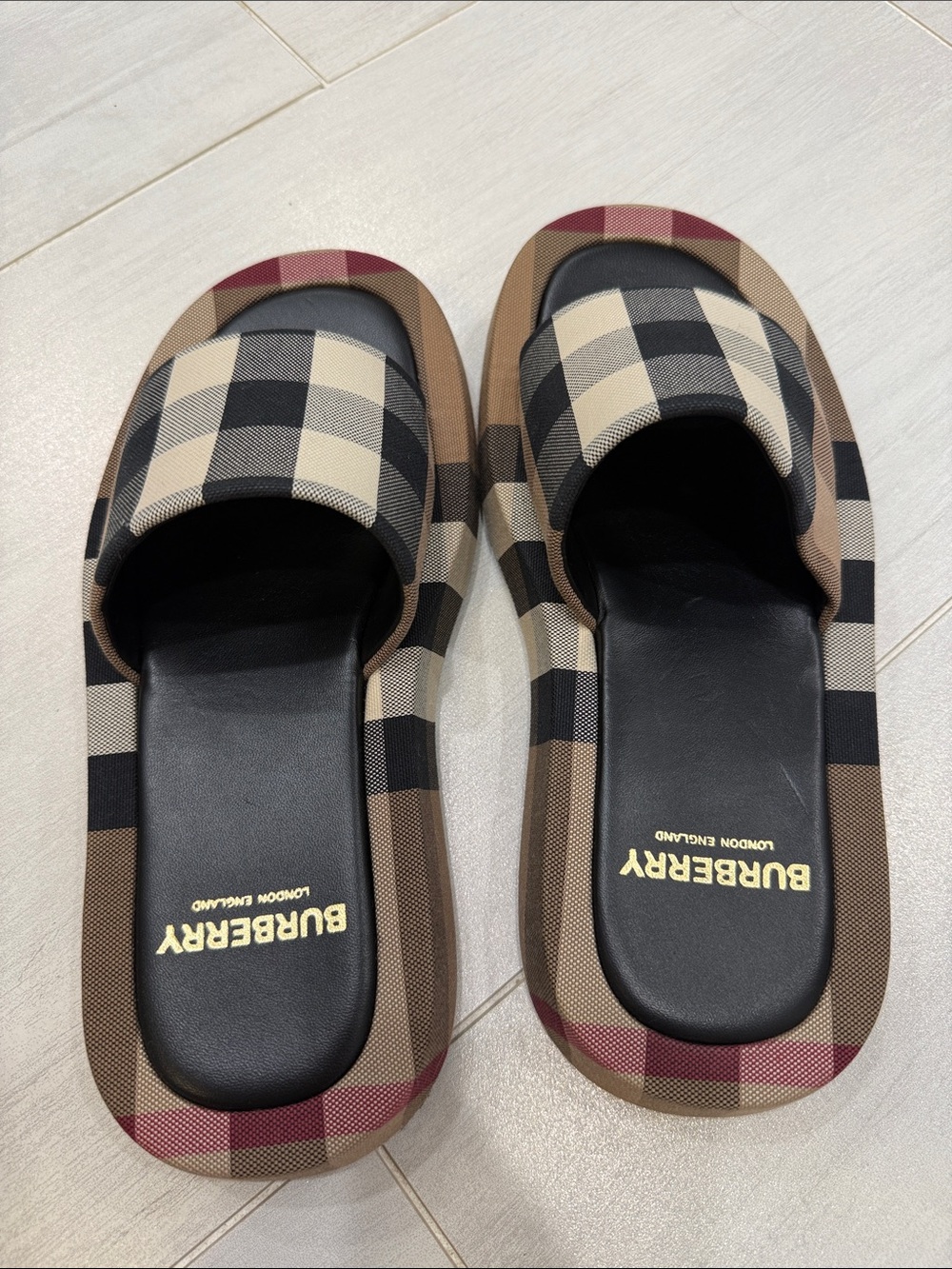 Burberry Plaid Slide Sandals in Beige Black and Red Accent - Picture 6 of 6